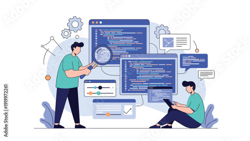 Two developers work together using a magnifying glass and a laptop to analyze windows of code on a large digital screen.