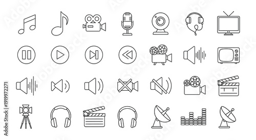Collection of various black and white multimedia and audio icons