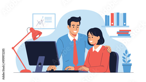 Male and female business professionals work together at a desk with a computer and office supplies in a friendly office environment.