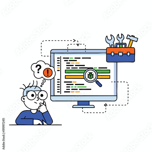 Troubleshooting Code with Magnifying Glass on Computer Screen