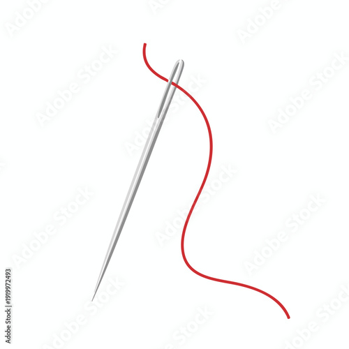 Sewing Needle with Red Thread Isolated on White