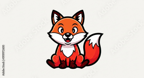 Cute cartoon red fox sitting on ground with white background smiling and looking forward with big eyes orange fur with white and black details