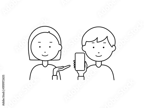 線画　スマホを見せる2人