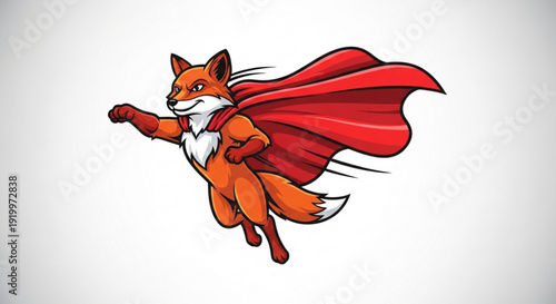 Superhero fox in red cape flying through air with dynamic motion and bold colors