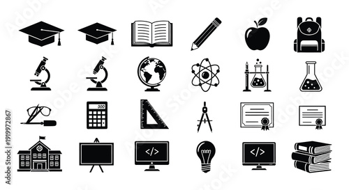 Black and white icons representing various educational subjects and tools