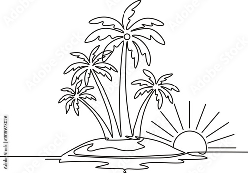 Tropical Island Silhouette Vector, Palm Trees, Horizon Sun, and Coastal Line Drawing