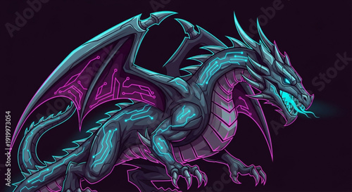 Fantasy dragon illustration with vibrant teal and purple hues sharp claws and glowing eyes on a dark background showcasing intricate details and mythical creature design