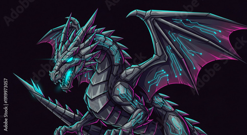 A futuristic metallic dragon with glowing blue eyes and purple accents showcasing sharp spikes and wings on a black background symbolizing power and fantasy