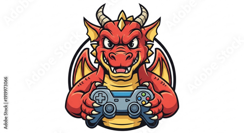 Red cartoon dragon character holding gamepad vibrant illustration for gaming concept with bold colors and dynamic pose