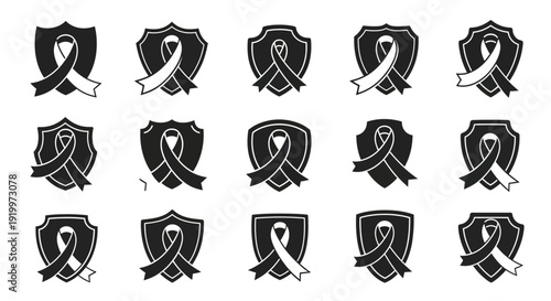 Collection of black and white ribbon icons with shields and swords.