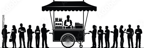 Street food cart silhouette, vendor serving vector, urban culture illustration, social dining graphic, mobile food icon, flat vector illustration, flavector