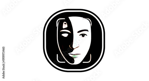 Mysterious masked figure encased within a circular frame with a geometric border