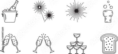 Celebration Icons: Champagne Toast Fireworks Ice Bucket Beer Toast and Tower of Glasses Isolated on white background