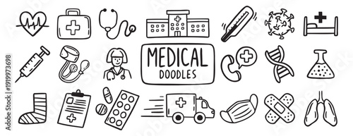 medical health care doodle hand drawn icon set. Outline drawing medical health care items line clipart symbol collection. Outline drawing line clipart symbol collection