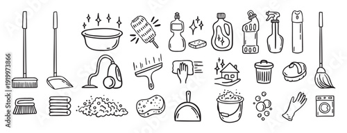 Cleaning kit equipment doodle hand drawn icon set. Outline drawing cleaning inventory, clean tools wash, bucket and mop, spray bottle with detergent cleaner line clipart symbol collection