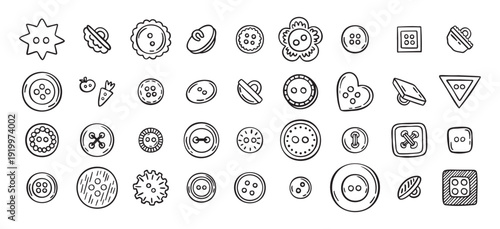 Sewing buttons line hand drawn doodle art icons set. Sewing accessories clothes various outline shapes. 
