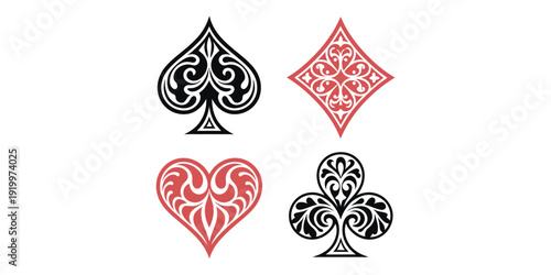 Playing Card Suits Colorful Set with Hearts, Spades, Clubs, and Diamonds, Decorative Casino and Poker Vector Icons