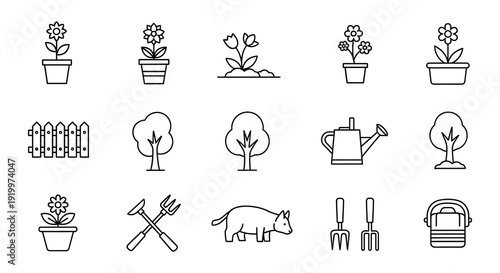 Gardening tools and plants icon set in a simple line style