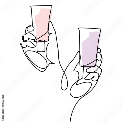 Hands holding skincare products one line drawing. Hands holding skincare products single line illustration. Hands holding skincare products minimalist line art