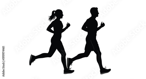 Silhouette of a fit woman and a muscular man running side by side together emphasizing cardio exercise and athletic partnership