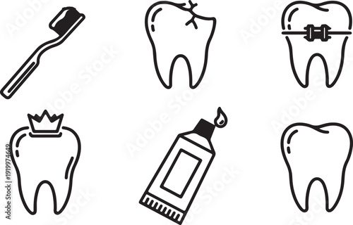 Dental Care Icons: Toothbrush Cavity Braces Crown Toothpaste Healthy Tooth Isolated on white background