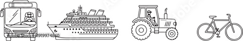 Diverse Transportation Icons: Bus Cruise Ship Tractor Bicycle Isolated on white background