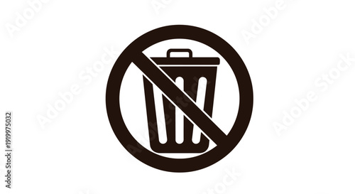 Simple circular prohibition sign featuring a stylized trash can icon crossed out with a diagonal line representing no disposal allowed