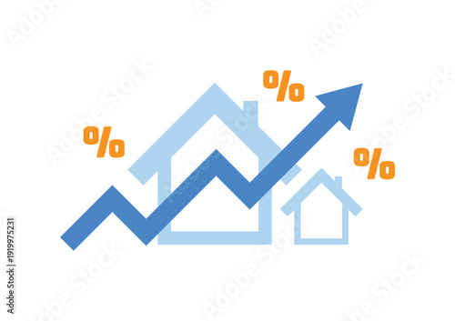 Real estate investment concept. The upper arrow with a home and orange percentage icon on a white background. Property growth and profit for the future.