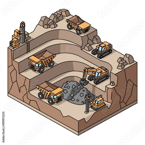 Isometric illustration of an open pit mine with heavy machinery.