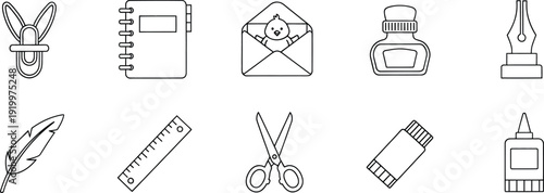 Set of minimalist stationery and office supply icons in black and white line art style.