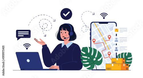 Illustration of a woman with a headset at a laptop communicating about delivery. A smartphone shows a route map, packages, and a check mark. Tone is efficient.