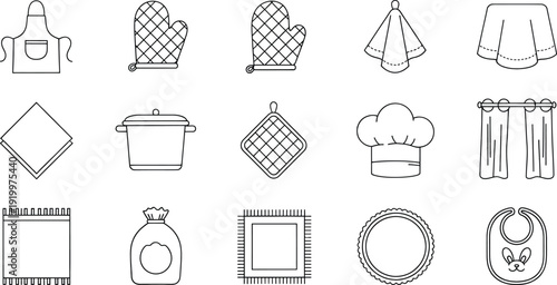 A collection of fifteen black and white dashed line icons representing various kitchen textile items.