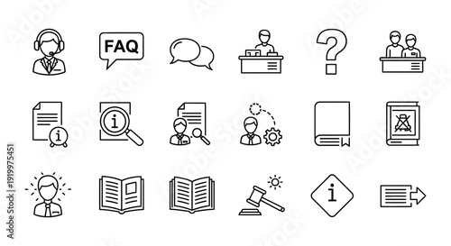 Collection of black line icons representing customer service and legal support