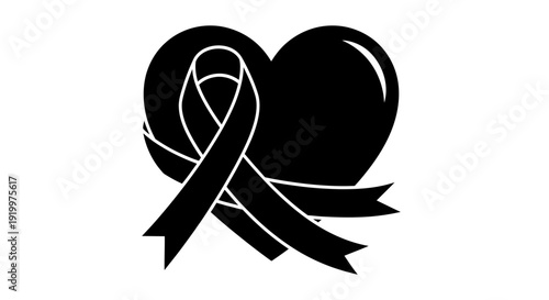 Black ribbon wrapped around a heart symbolizing mourning and loss.