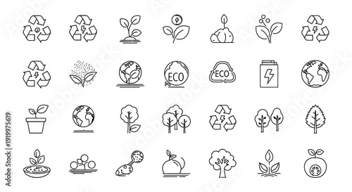 Collection of eco friendly and recycling related line icons in black and white