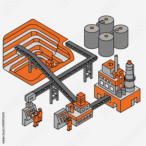 Industrial facility with conveyor belts and storage tanks.