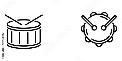 Drum line icon set illustrating snare, bass, and percussion drums, marching band instruments, rhythmic patterns