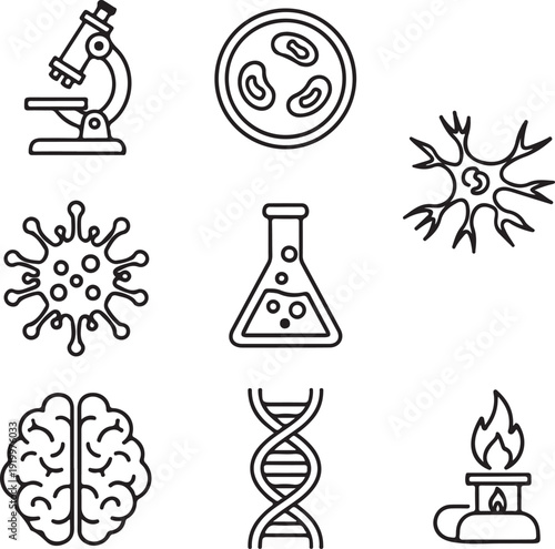 Science Icons: Neuron Beaker DNA Microscope Virus Brain Isolated on white background