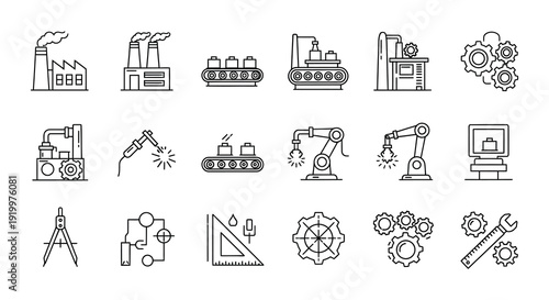 Industrial icons depict factories automation and various manufacturing processes