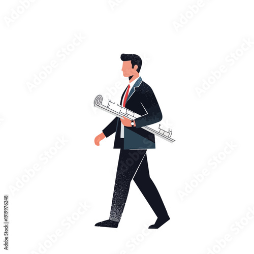 Architect in suit carrying blueprints walking, professional work concept