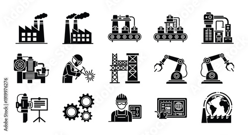 Industrial icons depict factories automation and various manufacturing processes
