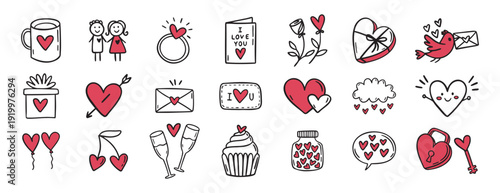 cute Valentine day with hearts, love, flowers, birds, lovers doodle hand drawn icon set. Outline drawing Valentines day line clipart symbol collection