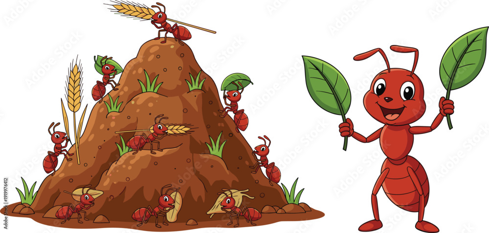 Ταπετσαρία Cute Ant Colony Cartoon Illustration with Anthill Wheat Leaves and Happy Red Ant
