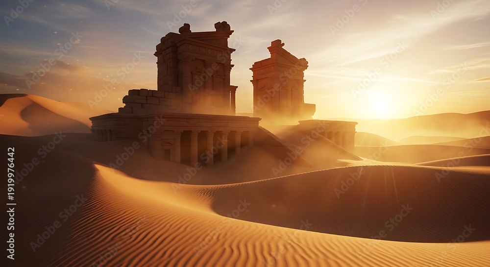 Obraz premium Ancient ruins in a vast desert landscape at sunset