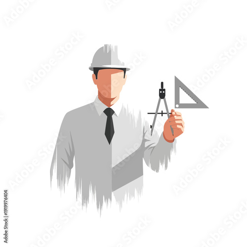 Architectural drawing, engineer with compass and ruler, white background