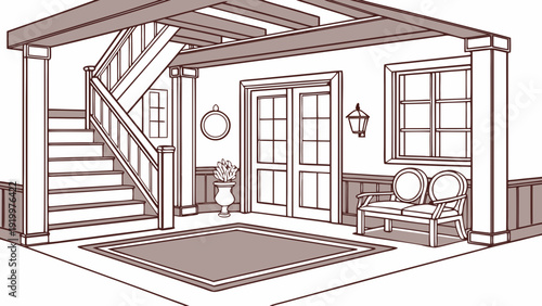 Detailed Interior Sketch of a Cozy Home Foyer.