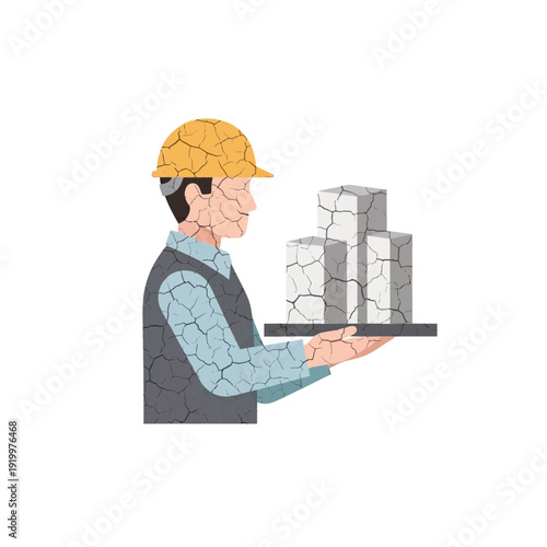 Construction worker holding cracked concrete blocks