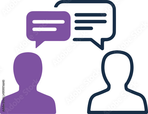 Two people silhouettes talking with colorful speech bubbles for interpersonal communication dialogue exchange brainstorming session interview language learning
