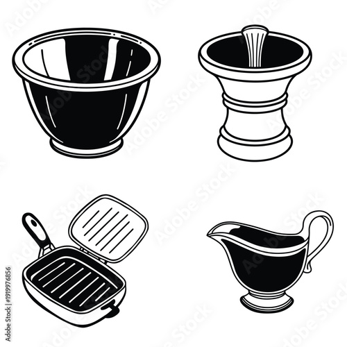 Mortar and Pestle, Mixing Bowl, Grill Pan, and Gravy Boat Set