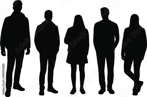 Silhouette group of diverse standing individuals in various poses and clothing styles, representing anonymity, diversity, teamwork, unity, and modern lifestyle concept illustration